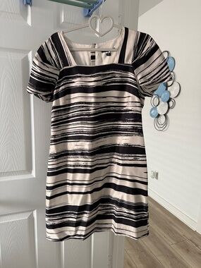 Banana Republic Black and Cream Striped Square-Neck Mini Dress